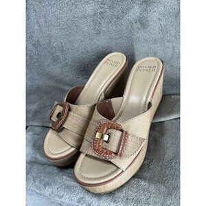 Donald Pliner Women’s 9.5 Platform Slide Sandals Tan Metallic Gold Beige Buckle